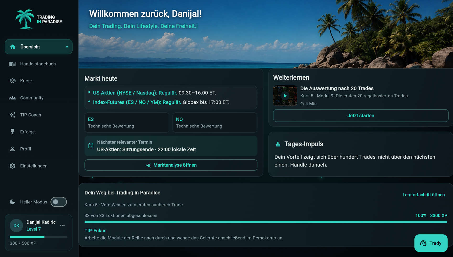 Dashboard der Trading in Paradise App am Desktop