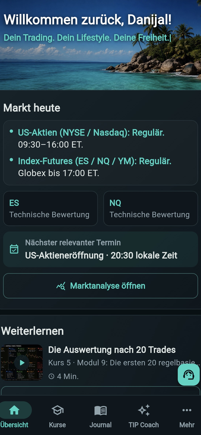 Dashboard der Trading in Paradise App auf dem Smartphone